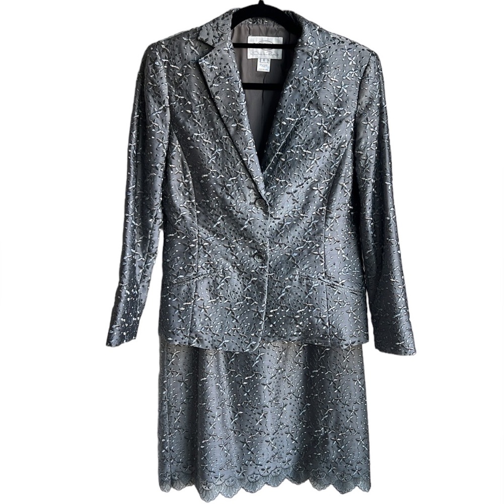 Oscar de la Renta Floral Silver & Gray Blazer & Skirt set